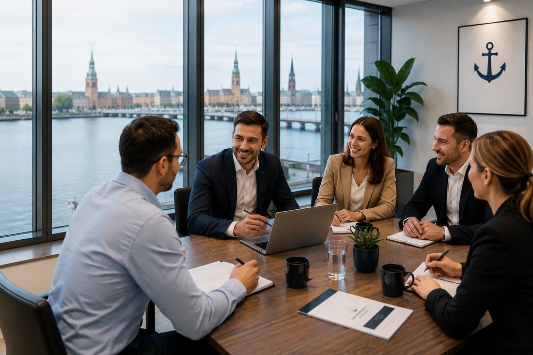 Team der Hanse Service Personal GmbH im Besprechungsraum mit Blick auf die Hamburger Binnenalster