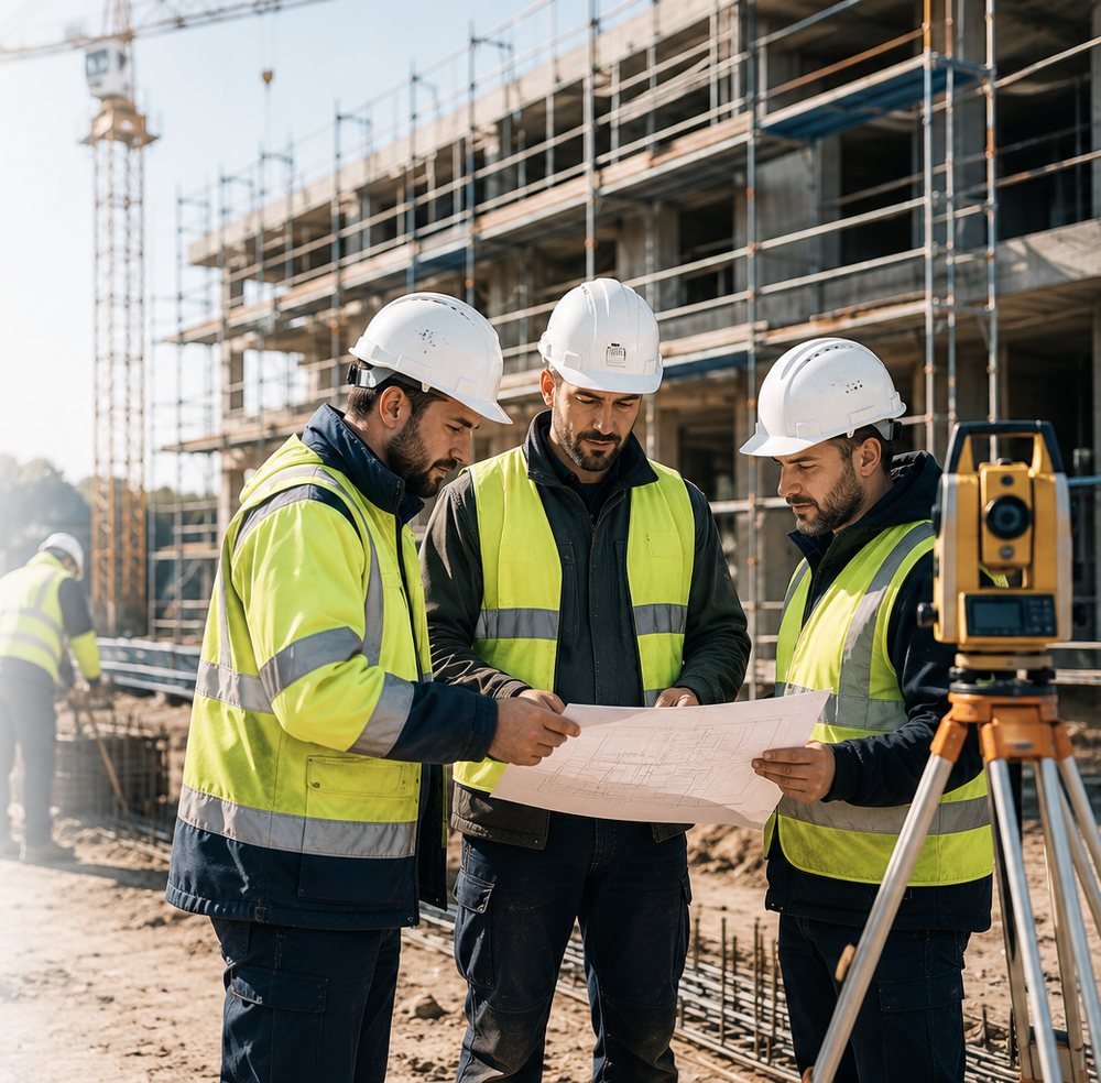 Bauhelfer mit Bauplan auf der Baustelle – Baulogistik und Bauservice