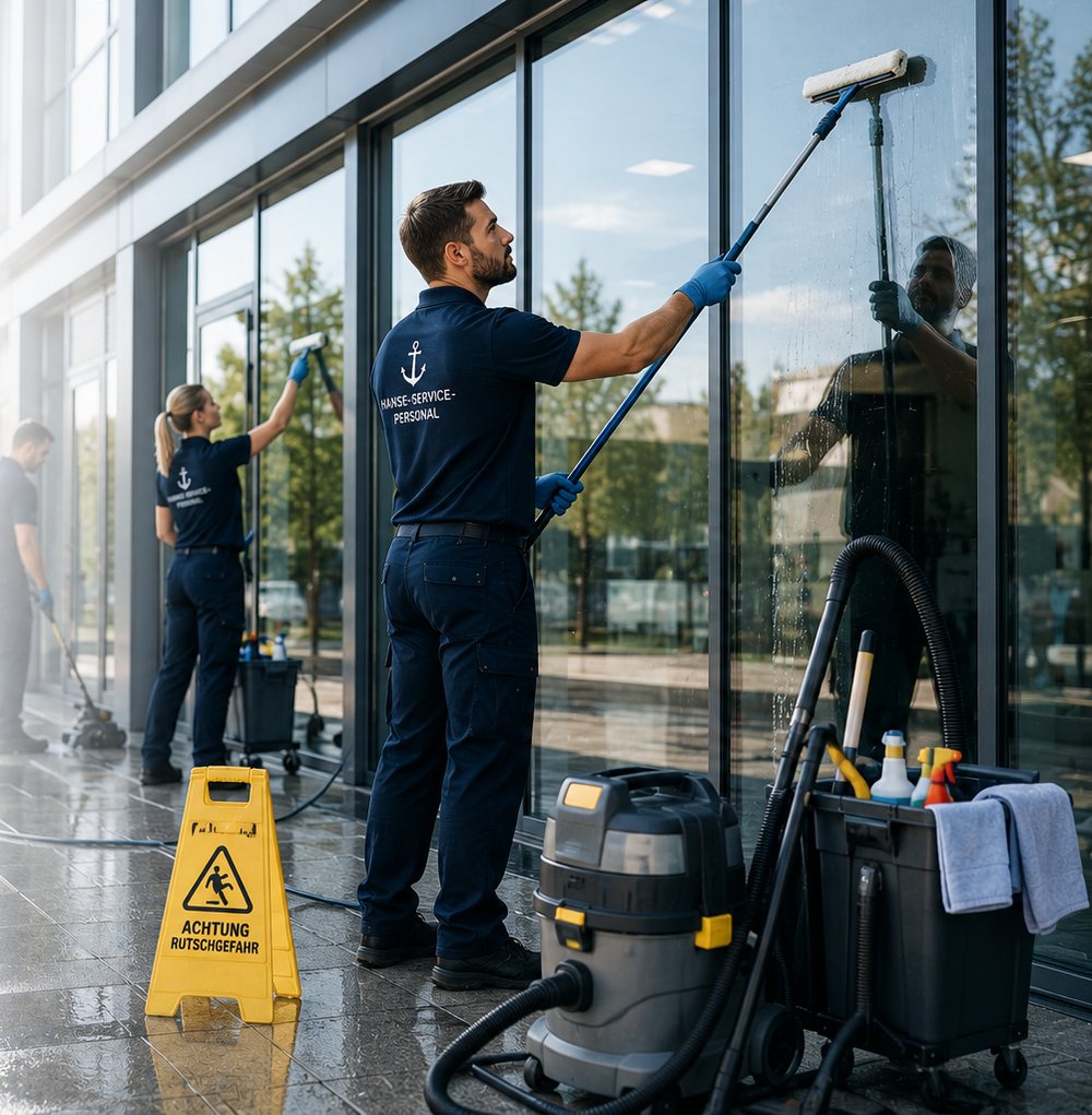 Reinigungsteam bei der Glasfassaden- und Unterhaltsreinigung – Gebäudereinigung