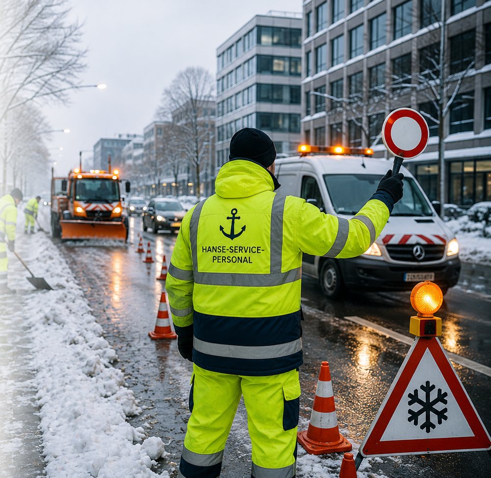 Mitarbeiter im Winterdienst mit Räumfahrzeug auf verschneiter Straße – Räum- und Streudienst